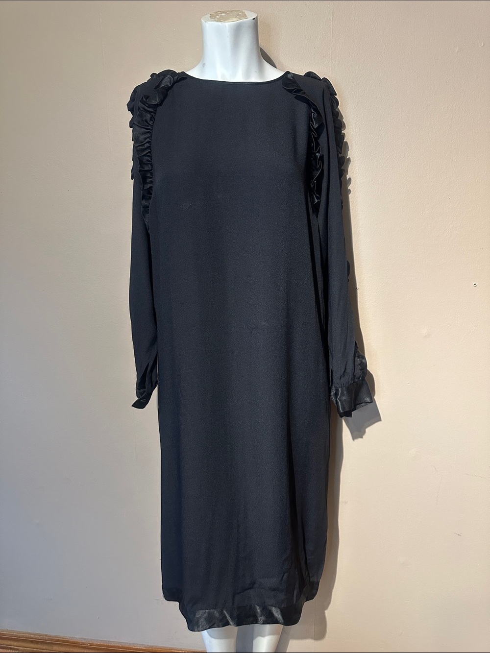 Neiman Marcus vintage black silk shift ruffle dress